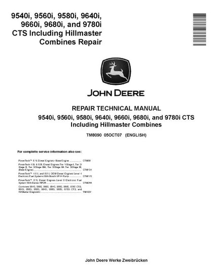 John Deere 9540i, 9560i, 9580i, 9640i, 9660i, 9680i and 9780i CTS including HillMaster Combines Pdf Technical Service Repair Manual TM8090