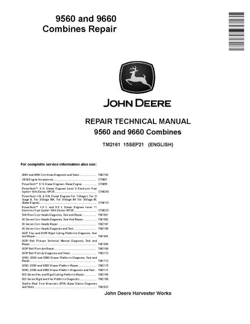 John Deere 9560 and 9660 Combines Pdf Technical Service Repair Manual TM2161