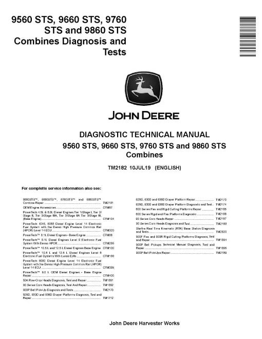 John Deere 9560 STS, 9660 STS, 9760 STS and 9860 STS Combines Pdf Diagnostic Manual TM2182