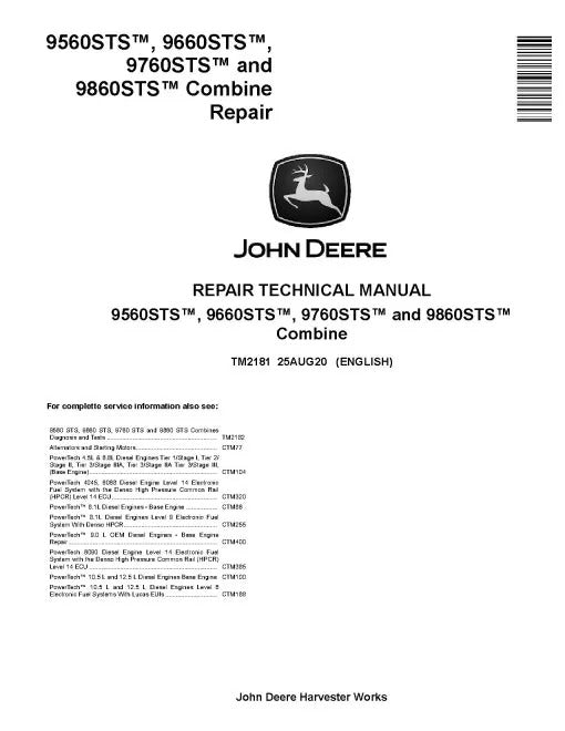 John Deere 9560 STS, 9660 STS, 9760 STS and 9860 STS Combines Pdf Technical Service Repair Manual TM2181