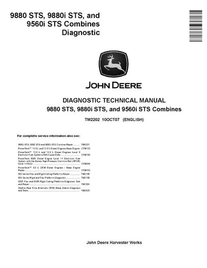 John Deere 9560i STS, 9880 STS and 9880i STS Combines Pdf Diagnostic Manual TM2202