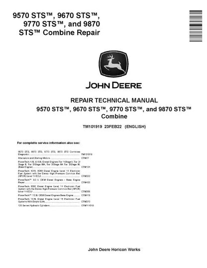 John Deere 9570, 9670, 9770 and 9870 STS™ Combines Pdf Service Repair Manual (TM101919)