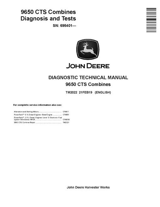 John Deere 9650 CTS Combines Pdf Diagnostic Manual TM2022