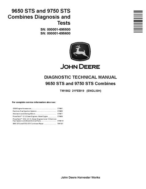 John Deere 9650 STS and 9750 STS Combines Pdf Diagnostic Manual TM1902