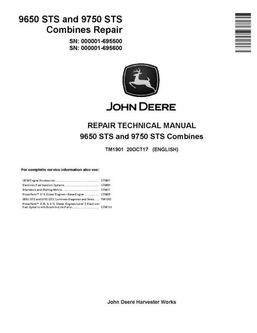 John Deere 9650 STS and 9750 STS Combines Pdf Technical Service Repair Manual TM1901
