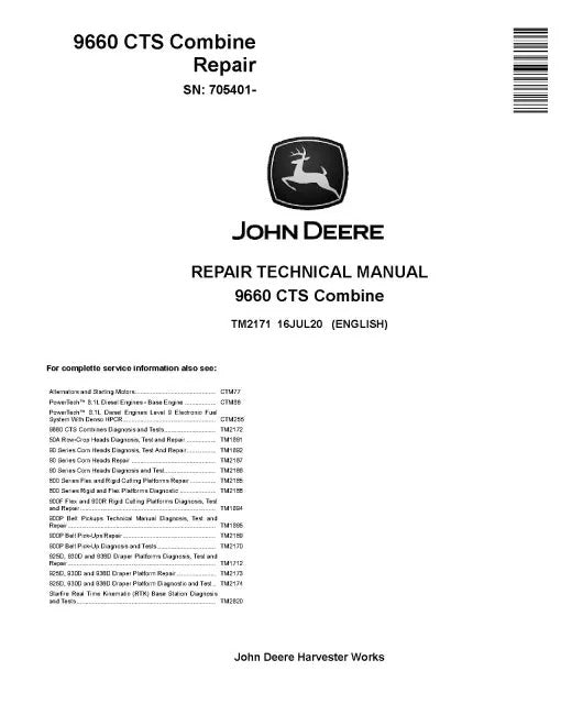 John Deere 9660 CTS Combines Pdf Technical Service Repair Manual TM2171