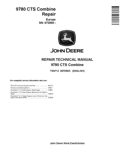 John Deere 9780 CTS Combines Pdf Technical Service Repair Manual TM4712