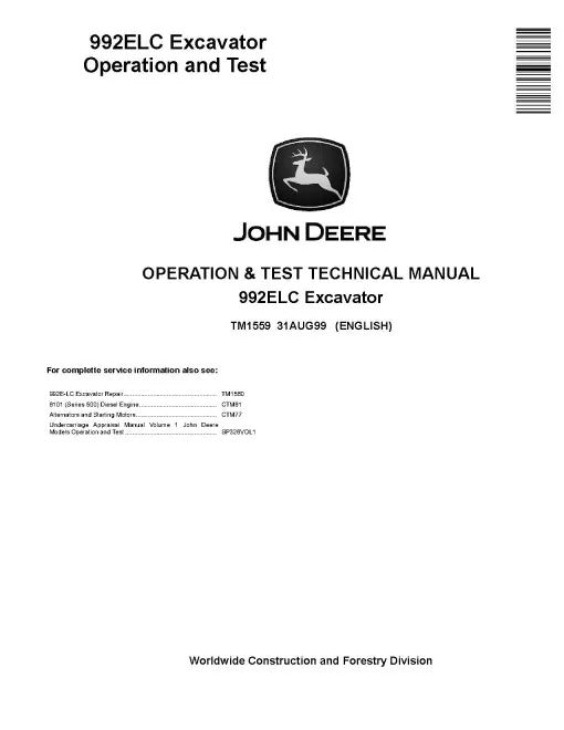 John Deere 992E LC Crawler Excavators Operation and Test Manual (TM1559)