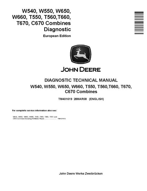 John Deere C670, T550, T560, T660, T670, W540, W550, W650 and W660 Combines Pdf Diagnostic Manual TM401619