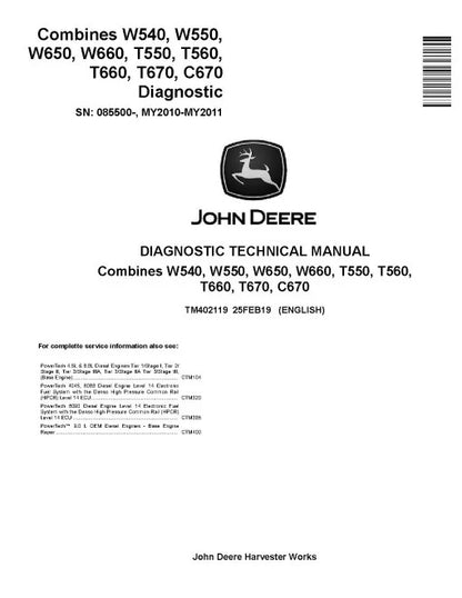 John Deere C670, T550, T560, T660, T670, W540, W550, W650 and W660 Combines Pdf Diagnostic Manual TM402119