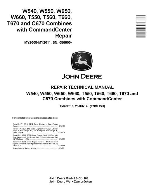 John Deere C670, T550, T560, T660, T670, W540, W550, W650 and W660 Combines Pdf Technical Service Repair Manual TM402619
