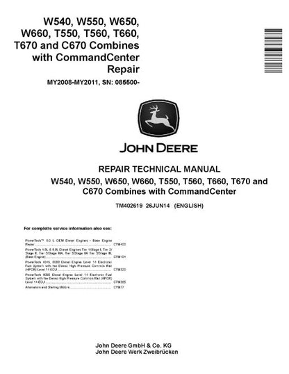 John Deere C670, T550, T560, T660, T670, W540, W550, W650 and W660 Combines Pdf Technical Service Repair Manual TM402619