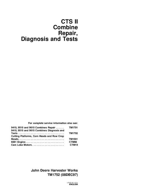 John Deere CTS II Combines Pdf Diagnostic and Repair Manual TM1752