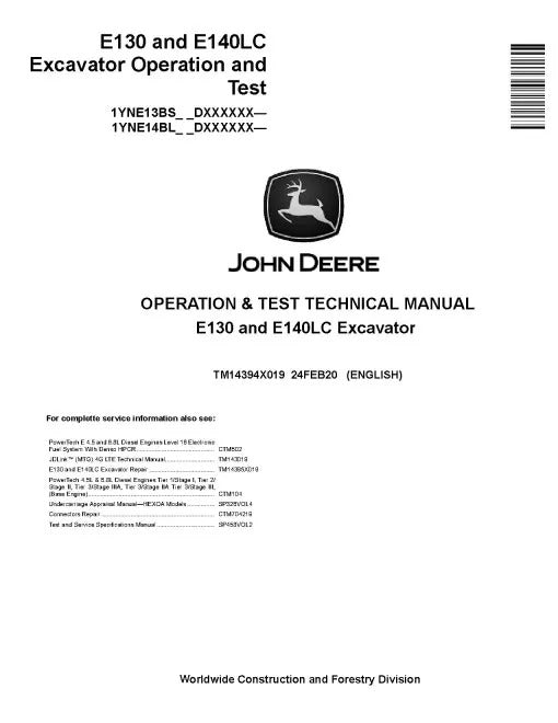 John Deere E130 and E140LC Crawler Excavators (SN. from D000001) Operation and Test Manual (TM14394X019)