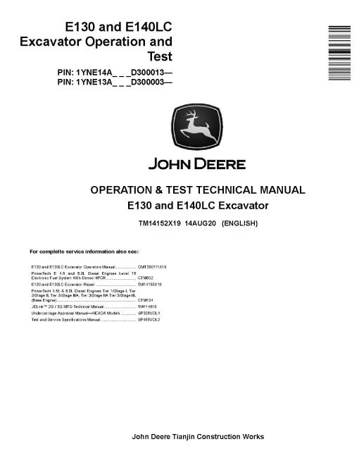 John Deere E130 and E140LC Crawler Excavators (SN. from D300003) Pdf Operation and Test Manual (TM14152X19)