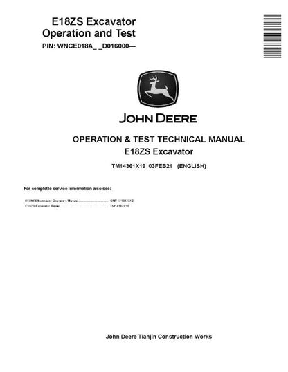 John Deere E18ZS (SN. from D016000) Compact Excavators Operation and Test Manual (TM14361X19)