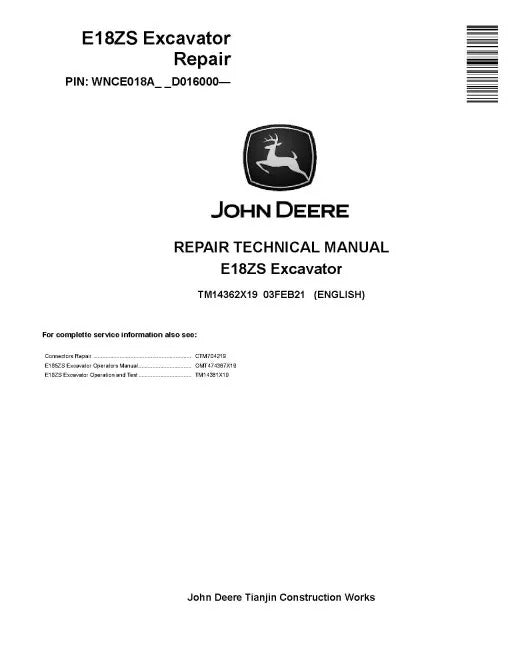 John Deere E18ZS (SN. from D016000) Compact Excavators Repair Manual (TM14362X19)
