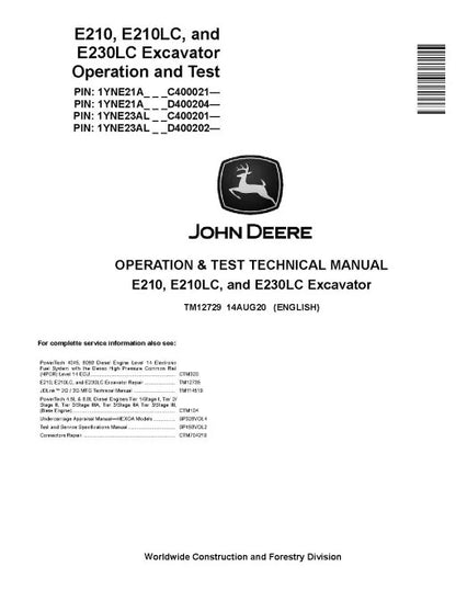 John Deere E210, E210LC and E230LC Crawler Excavator Pdf Diagnostic, Operation and Test Manual TM12729