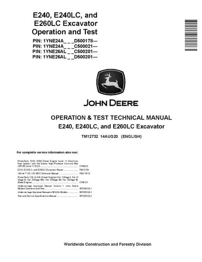 John Deere E240, E240LC and E260LC Crawler Excavator Pdf Diagnostic, Operation and Test Manual TM12732