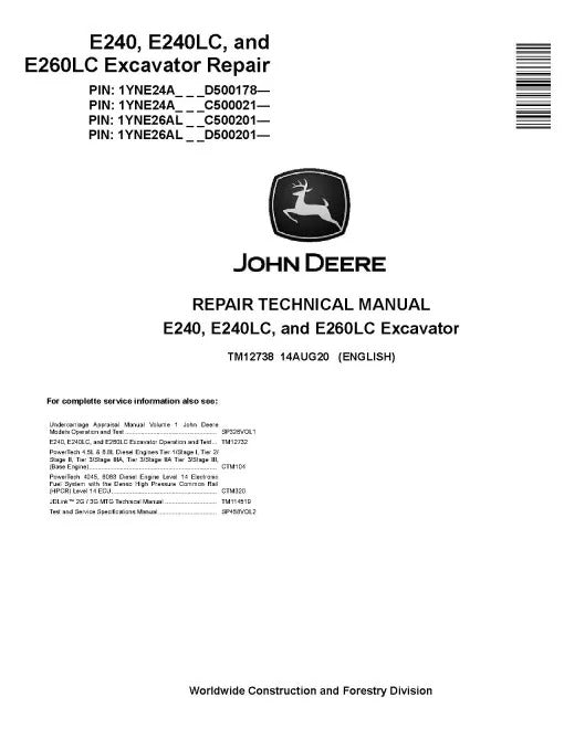 John Deere E240, E240LC and E260LC Crawler Excavator Pdf Technical Service Repair Manual TM12738