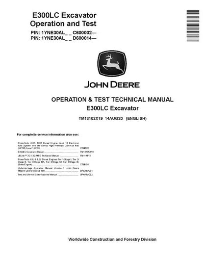 John Deere E300LC Crawler Excavator Pdf Diagnostic, Operation and Test Manual TM13102X19