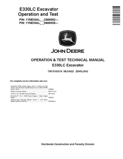 John Deere E330LC Crawler Excavator Pdf Diagnostic, Operation and Test Manual TM13103X19