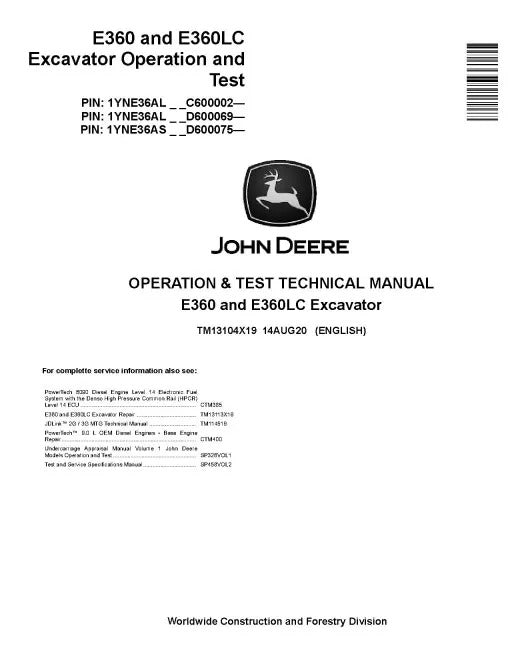 John Deere E360 and E360LC Crawler Excavator Pdf Diagnostic, Operation and Test Manual TM13104X19