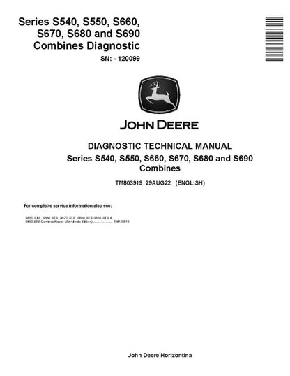 John Deere S540, S550, S660, S670, S680 and S690 Combines Pdf Diagnostic Manual TM803919