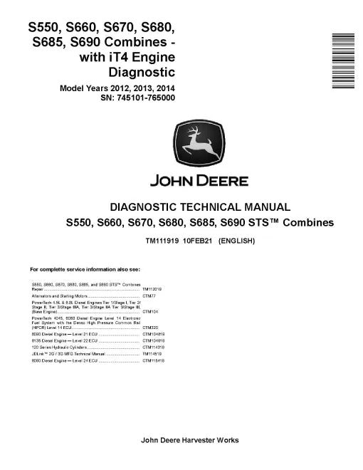 John Deere S550, S660, S670, S680, S685 and S690 STS Combines Pdf Diagnostic Manual (TM111919)