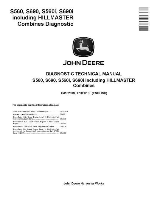 John Deere S560, S560i, S690 and S690i Combines Pdf Diagnostic Manual (TM102819)