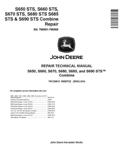 John Deere S650, S660, S670, S680, S685 and S690 Combines Pdf Technical Service Repair Manual (TM120819)