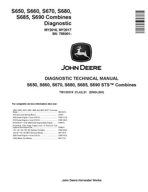 John Deere S650, S660, S670, S680, S685 and S690 STS Combines Pdf Diagnostic Manual TM133319