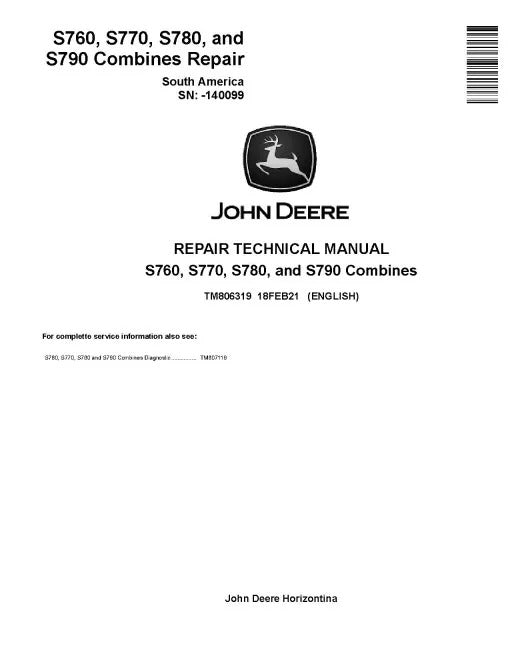 John Deere S760, S770, S780 and S790 Combines Pdf Technical Service Repair Manual TM806319