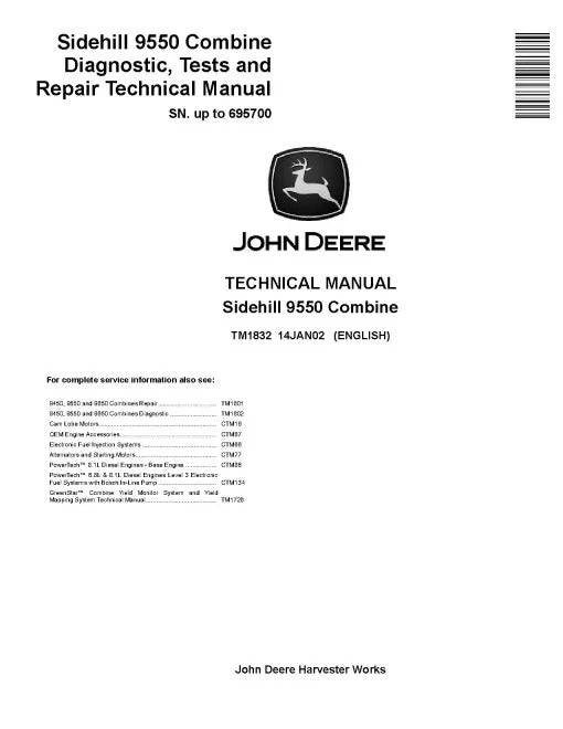 John Deere SideHill 9550 Combines Pdf Technical Service Repair Manual TM1832