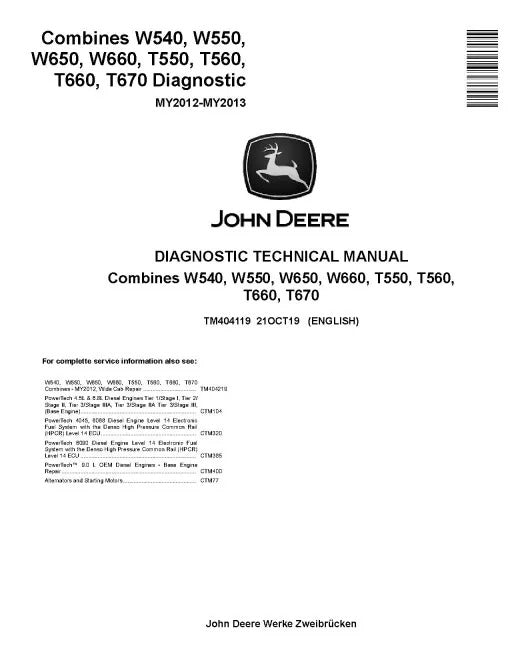 John Deere T550, T560, T660, T670, W540, W550, W650 and W660 Combines Pdf Diagnostic Manual TM404119