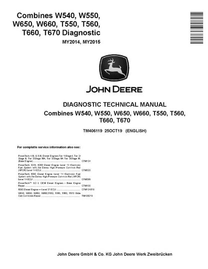John Deere T550, T560, T660, T670, W540, W550, W650 and W660 Combines Pdf Diagnostic Manual TM406119