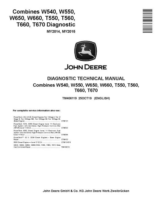 John Deere T550, T560, T660, T670, W540, W550, W650 and W660 Combines Pdf Diagnostic Manual TM406119