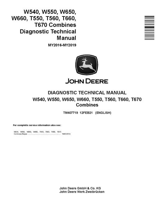 John Deere T550, T560, T660, T670, W540, W550, W650 and W660 Combines Pdf Diagnostic Manual TM407719