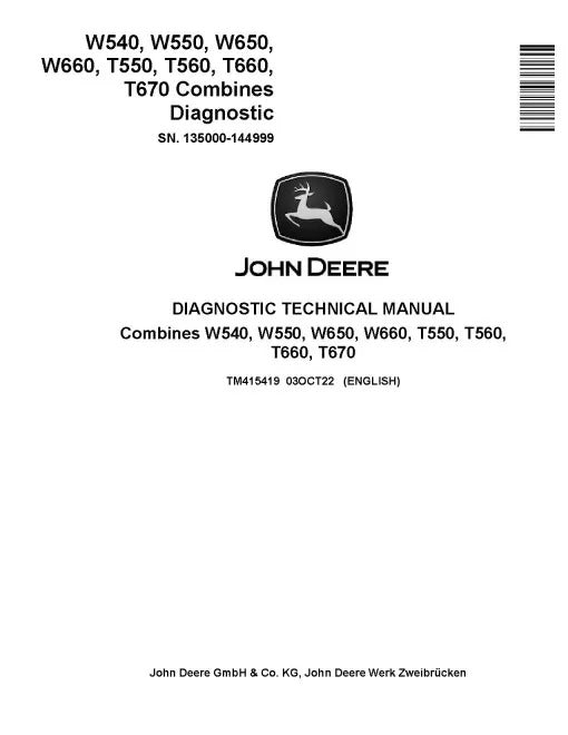John Deere T550, T560, T660, T670, W540, W550, W650 and W660 Combines Pdf Diagnostic Manual TM415419