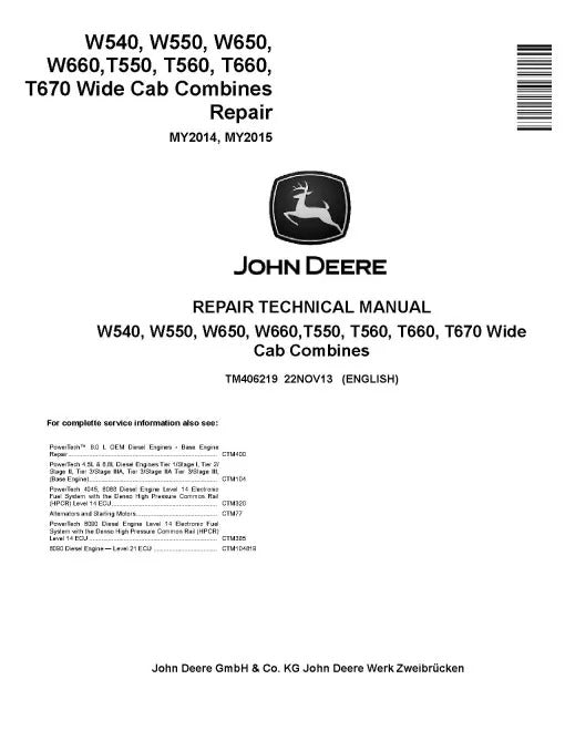 John Deere T550, T560, T660, T670, W540, W550, W650 and W660 Combines Pdf Technical Service Repair Manual TM406219