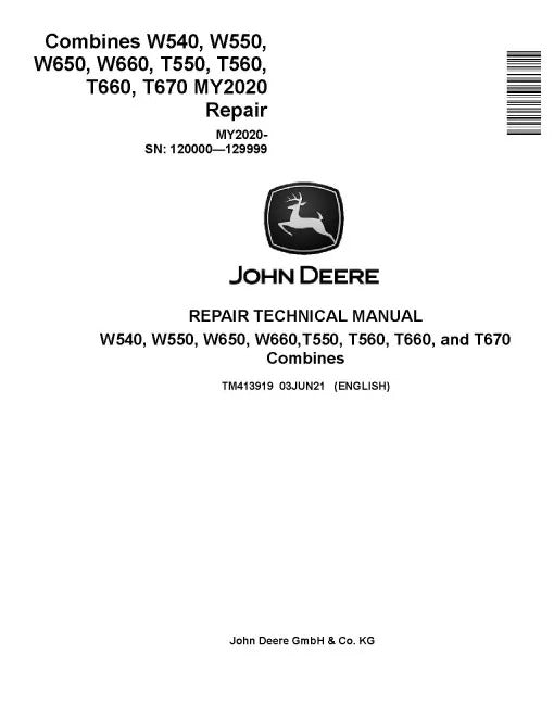 John Deere T550, T560, T660, T670, W540, W550, W650 and W660 Combines Pdf Technical Service Repair Manual TM413919