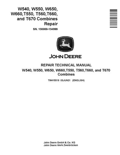 John Deere T550, T560, T660, T670, W540, W550, W650 and W660 Combines Pdf Technical Service Repair Manual TM415519