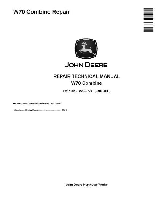 John Deere W70 Combine Pdf Technical Service Repair Manual (TM116819)