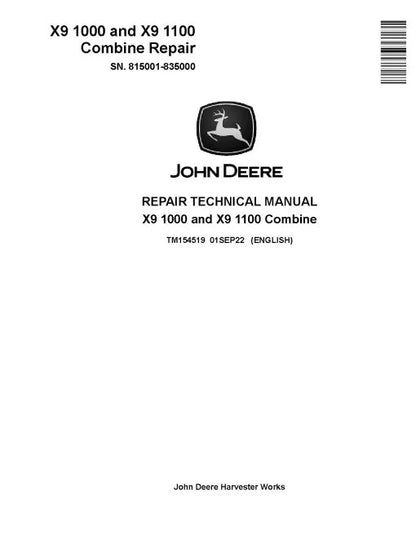 John Deere X9 1000 and X9 1100 Combines Pdf Technical Service Repair Manual TM154519