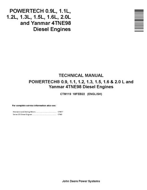 Powertech 3009—0.9L, 3011—1.1L, 3012—1.2L, 3013—1.3L, 3015—1.5L, 3016—1.6L, 4020—2.0L and Yanmar 4TNE98 Diesel Engines Pdf Repair Service Manual (CTM119)